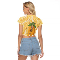 Hawaiian Mango Ukulele Raglan Cropped T Shirt Retro Yellow Hibiscus Pikake Lei