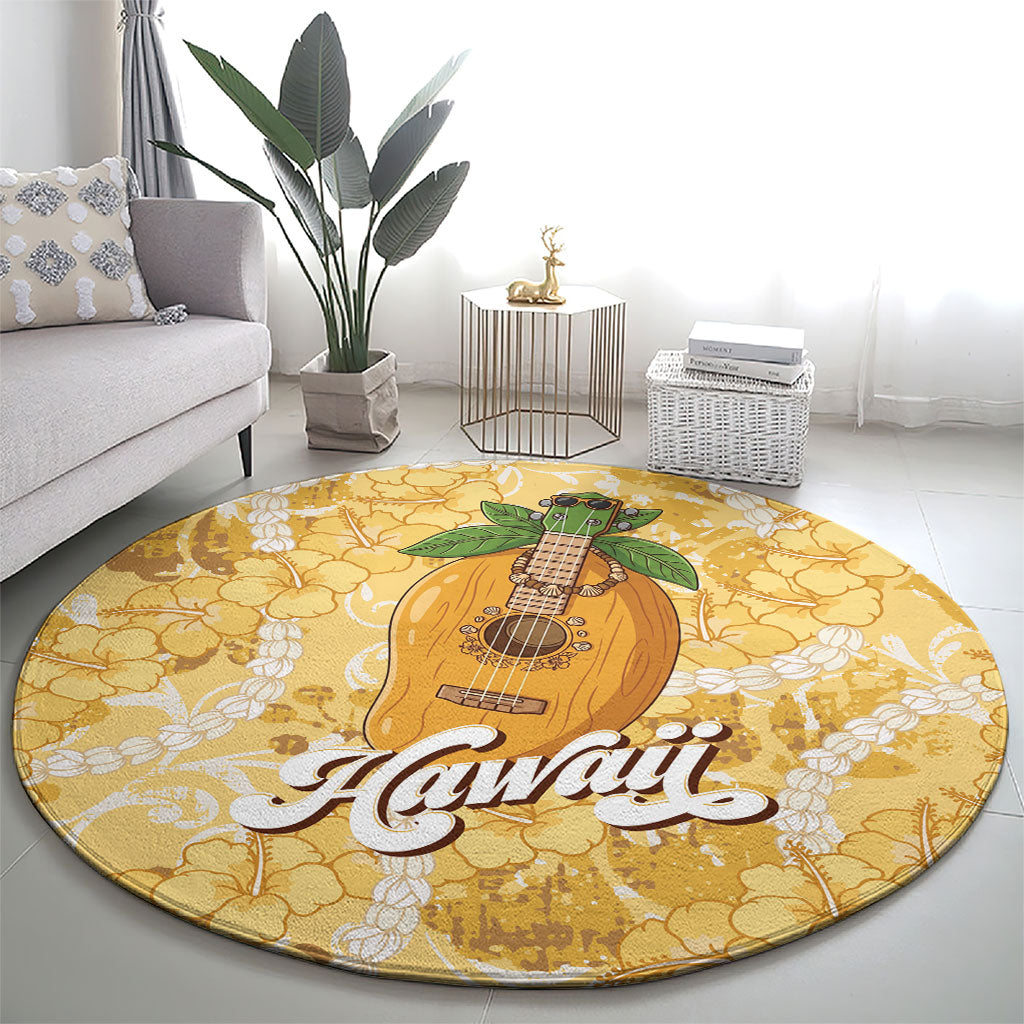 Hawaiian Mango Ukulele Round Carpet Retro Yellow Hibiscus Pikake Lei