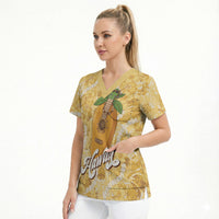 Hawaiian Mango Ukulele Scrub Top Retro Yellow Hibiscus Pikake Lei