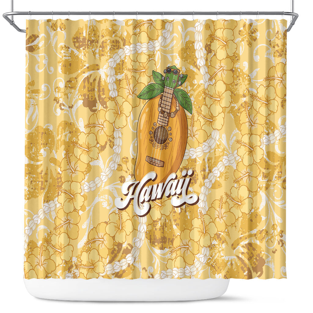Hawaiian Mango Ukulele Shower Curtain Retro Yellow Hibiscus Pikake Lei