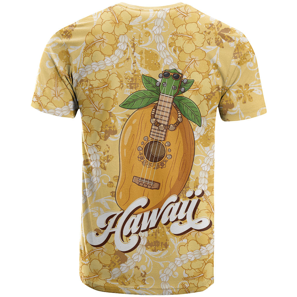 Hawaiian Mango Ukulele T Shirt Retro Yellow Hibiscus Pikake Lei