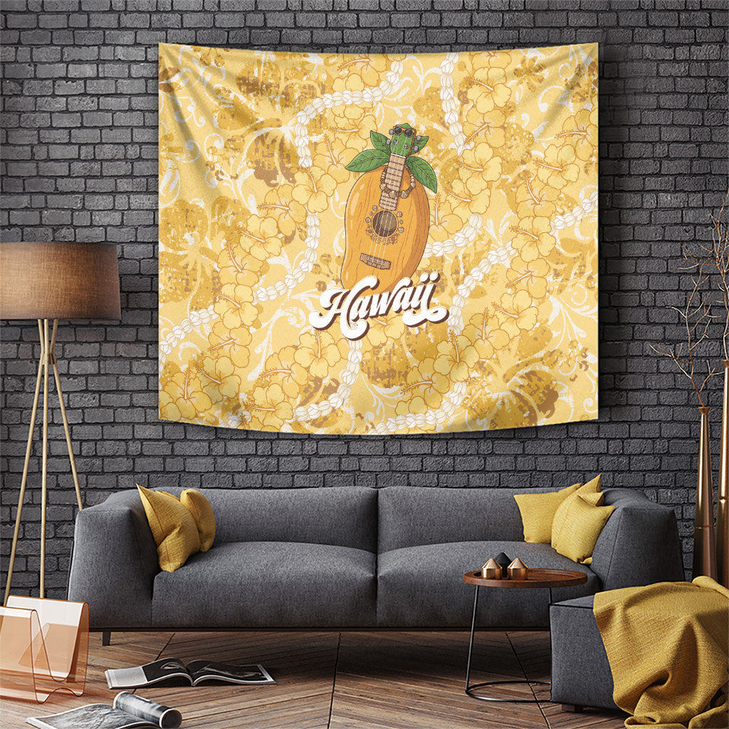 Hawaiian Mango Ukulele Tapestry Retro Yellow Hibiscus Pikake Lei LT9 Yellow - Polynesian Pride