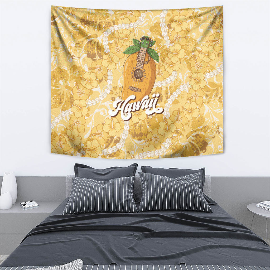 Hawaiian Mango Ukulele Tapestry Retro Yellow Hibiscus Pikake Lei
