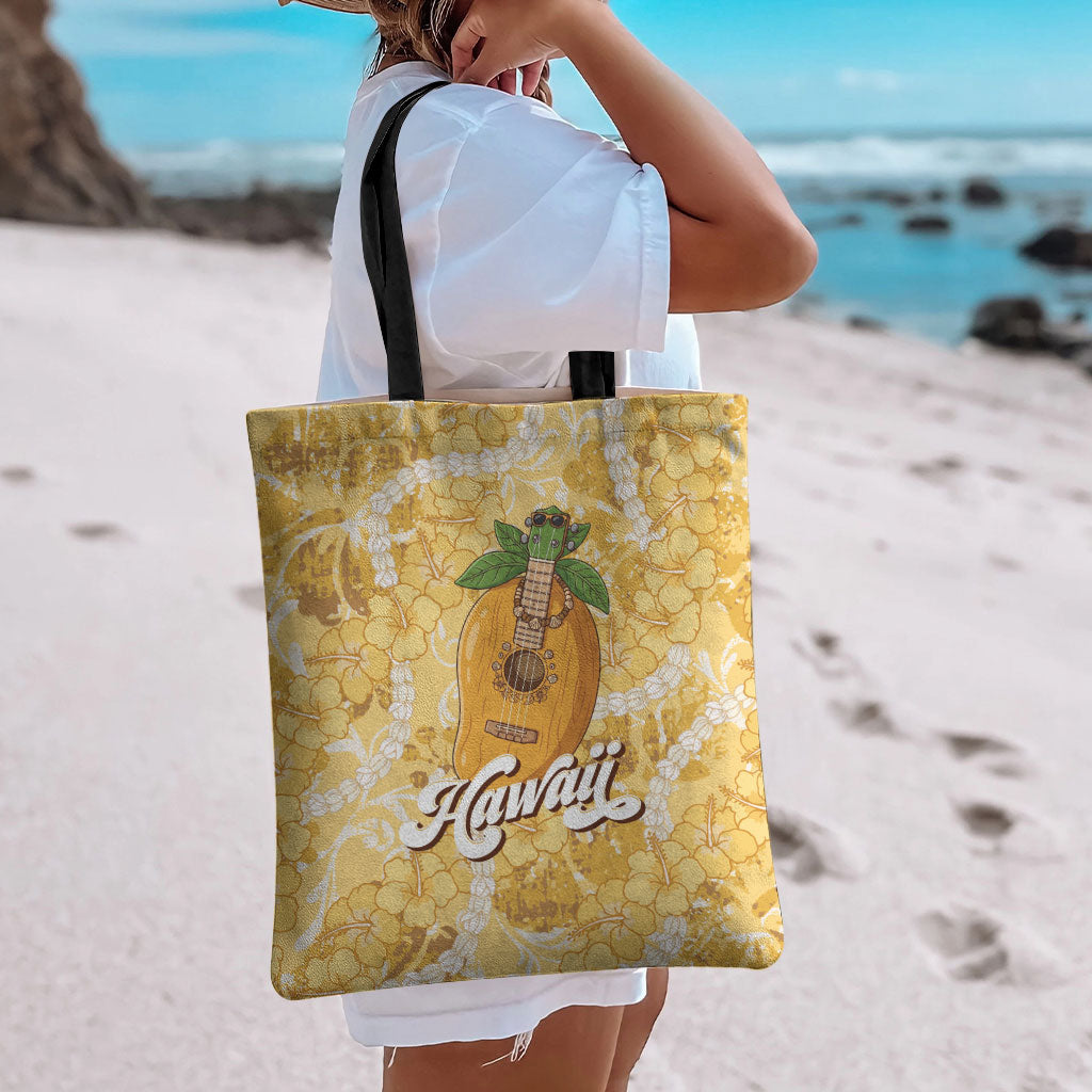 Hawaiian Mango Ukulele Tote Bag Retro Yellow Hibiscus Pikake Lei