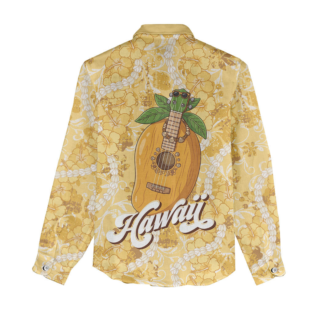 Hawaiian Mango Ukulele Women Casual Shirt Retro Yellow Hibiscus Pikake Lei
