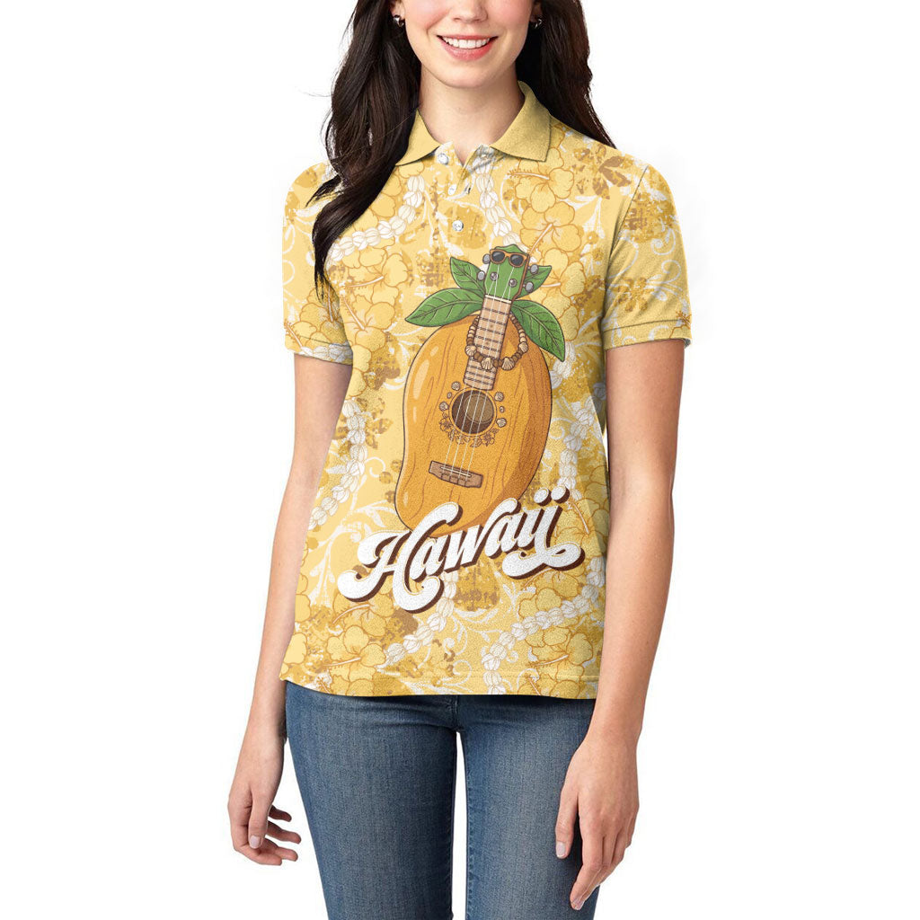 Hawaiian Mango Ukulele Women Polo Shirt Retro Yellow Hibiscus Pikake Lei