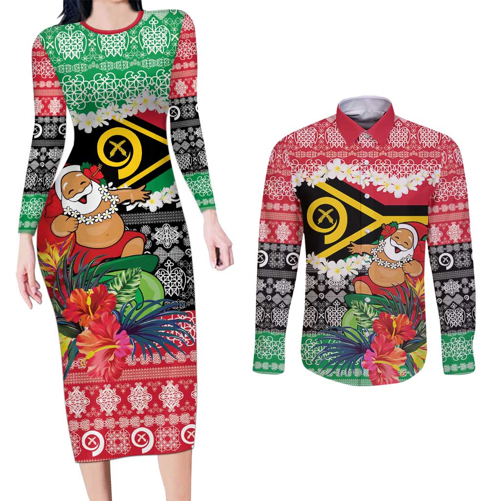 Personalised Vanuatu Joyeux Noel Couples Matching Long Sleeve Bodycon Dress and Long Sleeve Button Shirt Proud To Be a Ni-Van Sand Drawing Art - Polynesian Pride