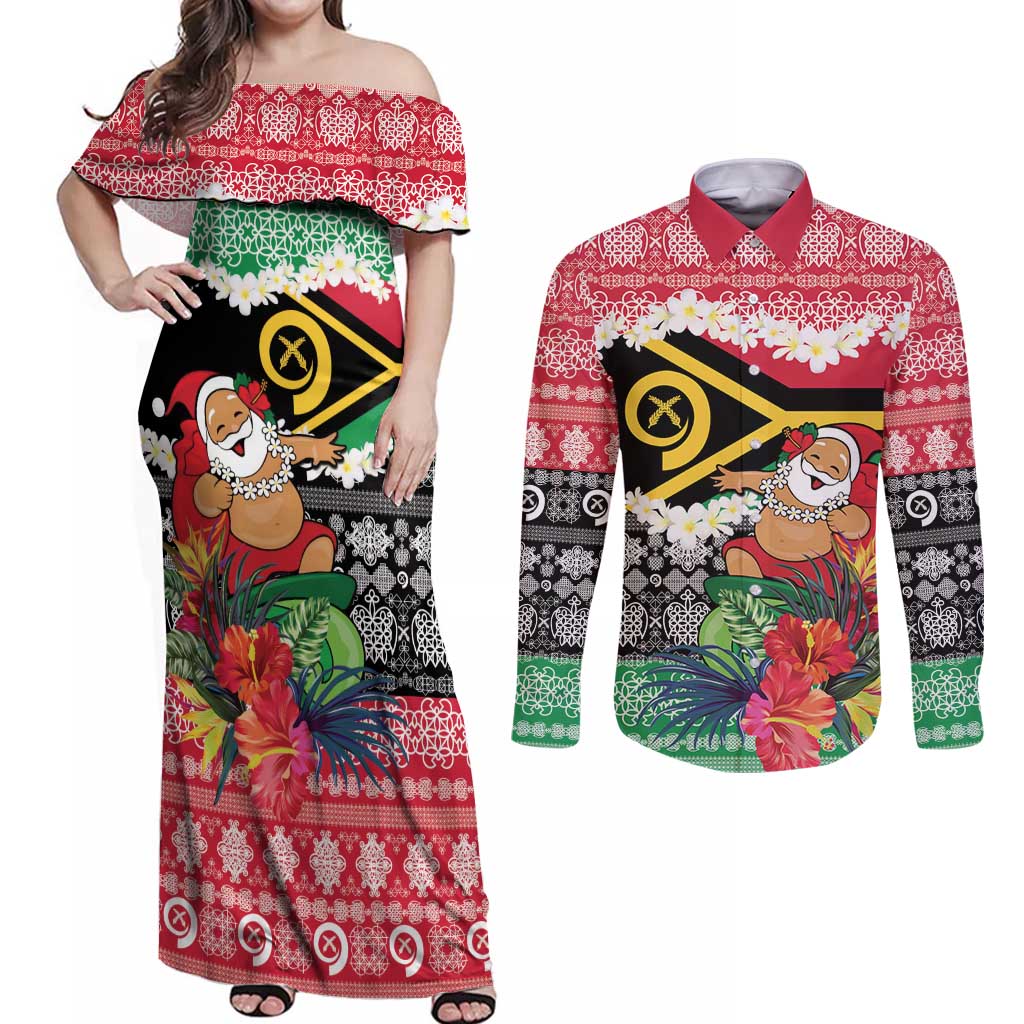 Personalised Vanuatu Joyeux Noel Couples Matching Off Shoulder Maxi Dress and Long Sleeve Button Shirt Proud To Be a Ni-Van Sand Drawing Art - Polynesian Pride
