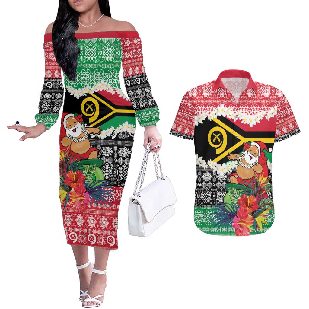 Personalised Vanuatu Joyeux Noel Couples Matching Off The Shoulder Long Sleeve Dress and Hawaiian Shirt Proud To Be a Ni-Van Sand Drawing Art - Polynesian Pride