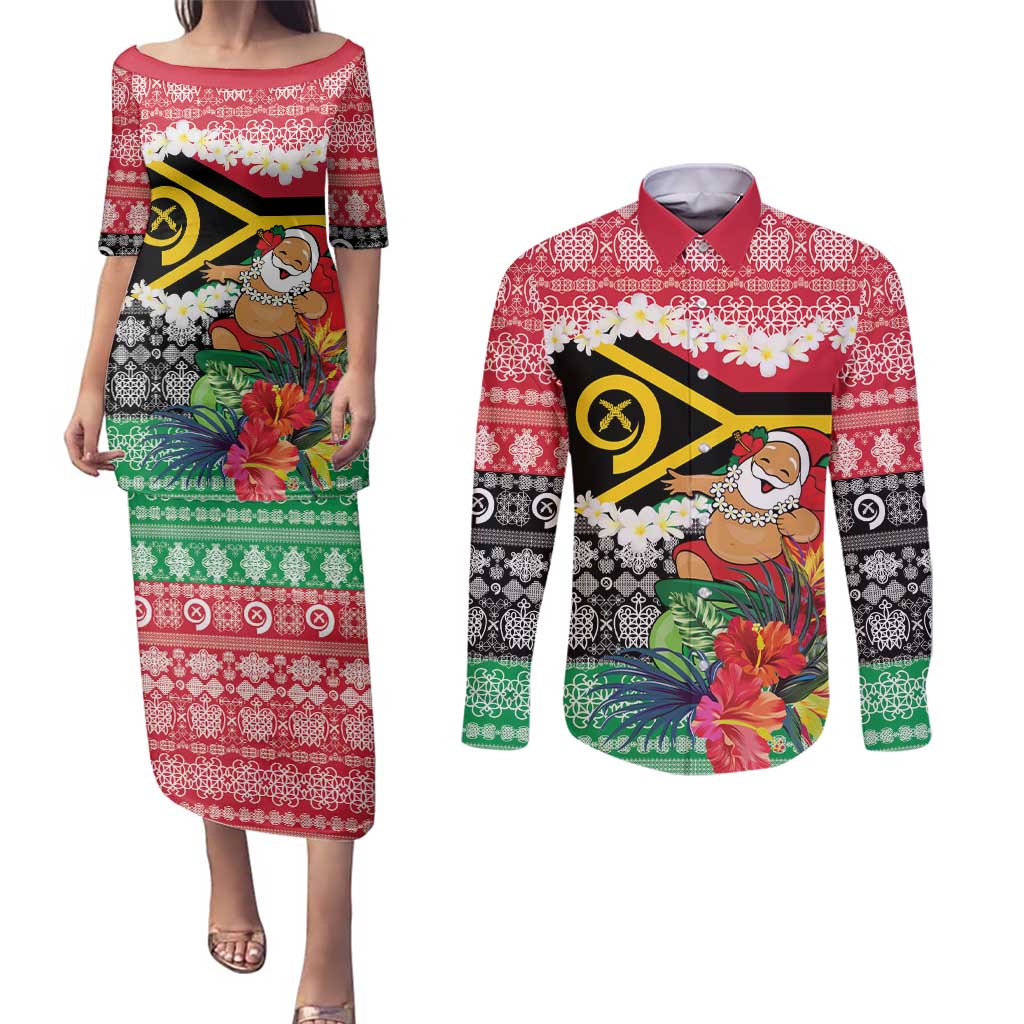 Personalised Vanuatu Joyeux Noel Couples Matching Puletasi and Long Sleeve Button Shirt Proud To Be a Ni-Van Sand Drawing Art - Polynesian Pride