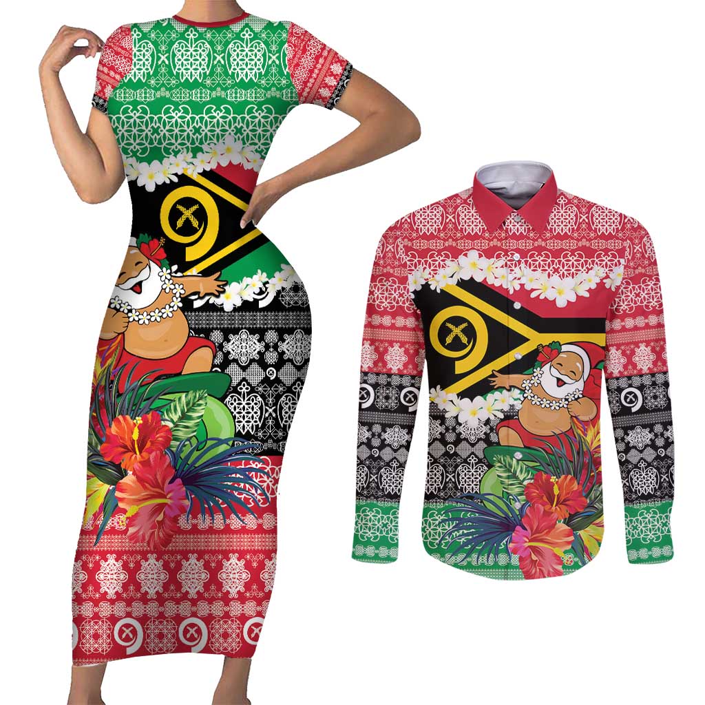 Personalised Vanuatu Joyeux Noel Couples Matching Short Sleeve Bodycon Dress and Long Sleeve Button Shirt Proud To Be a Ni-Van Sand Drawing Art - Polynesian Pride