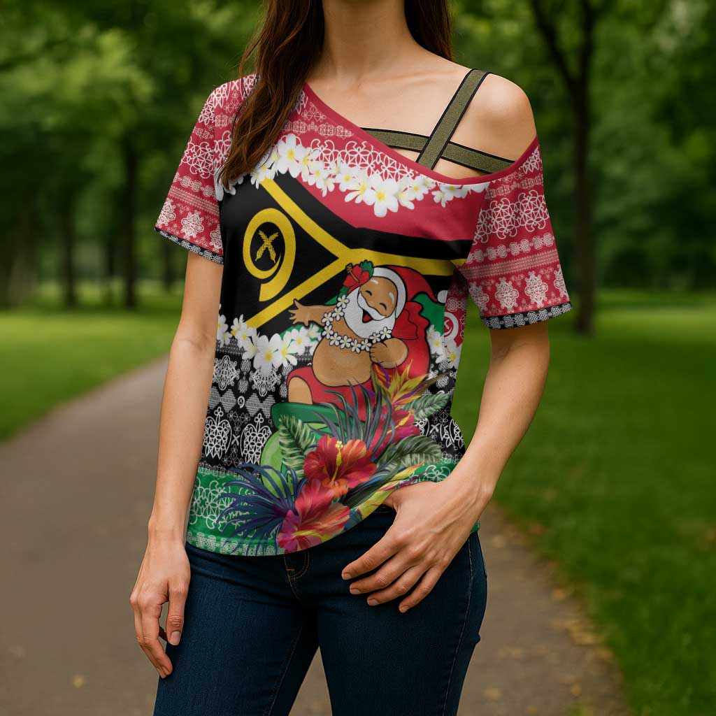 Personalised Vanuatu Joyeux Noel Cross Shoulder Shirt Proud To Be a Ni-Van Sand Drawing Art LT9 - Polynesian Pride