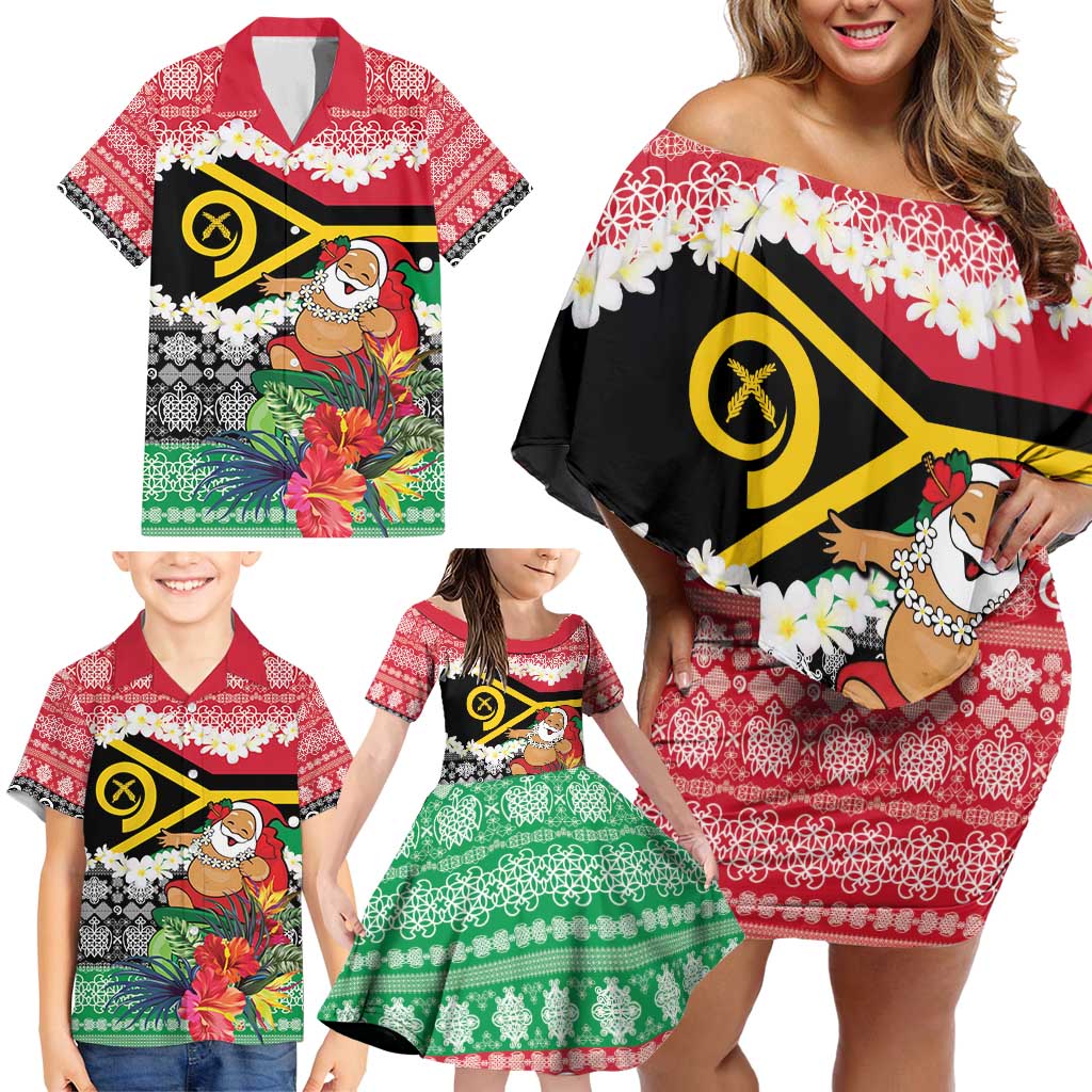 Personalised Vanuatu Joyeux Noel Family Matching Off Shoulder Short Dress and Hawaiian Shirt Proud To Be a Ni-Van Sand Drawing Art - Polynesian Pride