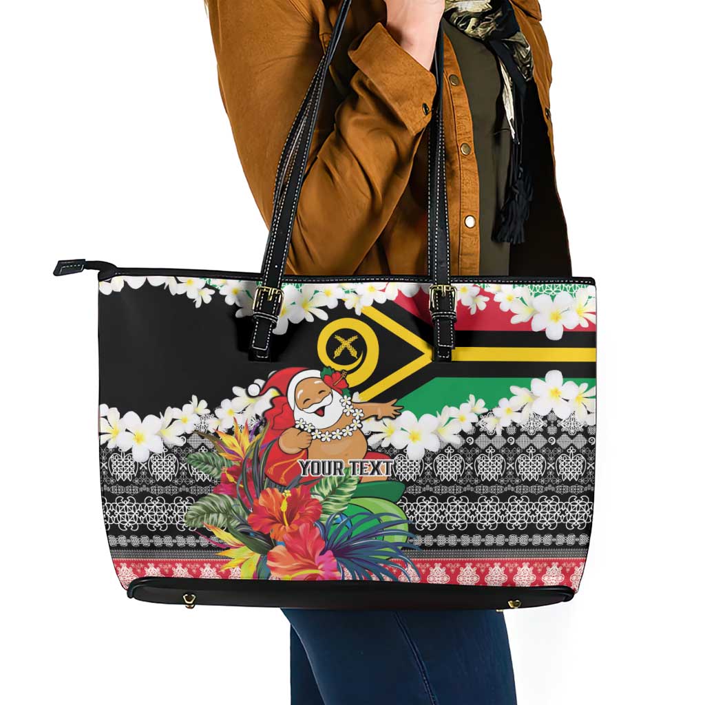 Personalised Vanuatu Joyeux Noel Leather Tote Bag Proud To Be a Ni-Van Sand Drawing Art - Polynesian Pride