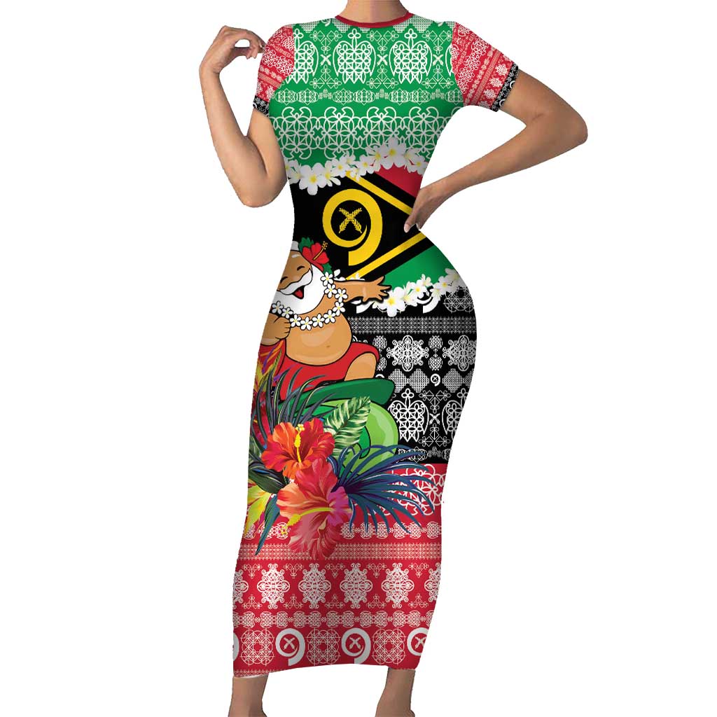 Personalised Vanuatu Joyeux Noel Short Sleeve Bodycon Dress Proud To Be a Ni-Van Sand Drawing Art - Polynesian Pride