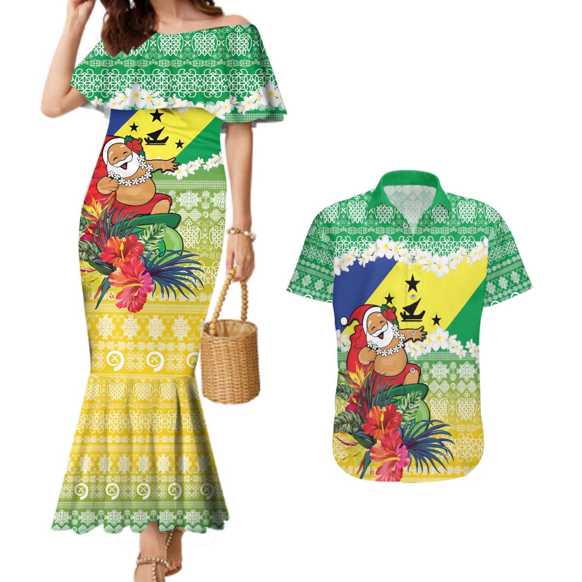 Personalised Malampa Joyeux Noel Couples Matching Mermaid Dress and Hawaiian Shirt Proud To Be a Ni-Van Sand Drawing Art - Polynesian Pride