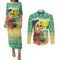 Personalised Malampa Joyeux Noel Couples Matching Puletasi and Long Sleeve Button Shirt Proud To Be a Ni-Van Sand Drawing Art LT9 Lime - Polynesian Pride