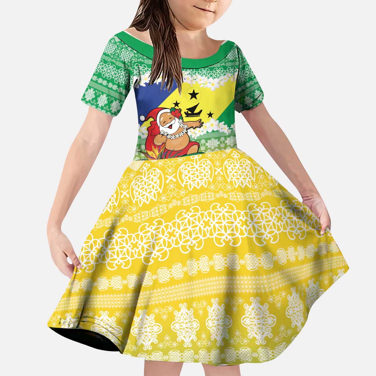 Personalised Malampa Joyeux Noel Kid Short Sleeve Dress Proud To Be a Ni-Van Sand Drawing Art LT9 KID Lime - Polynesian Pride