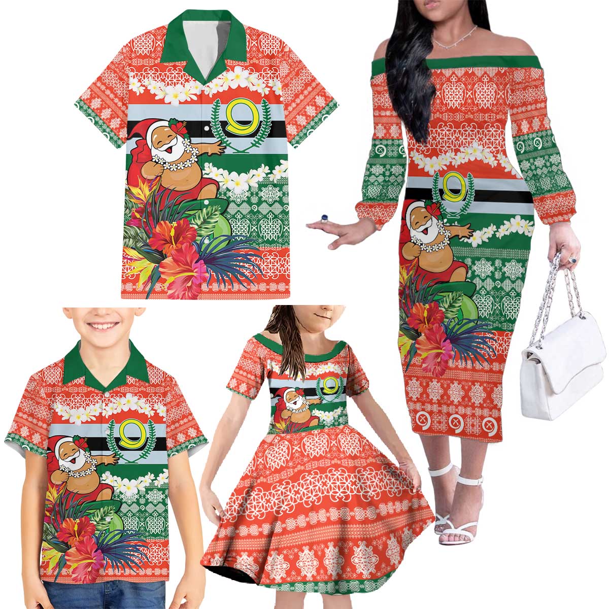 Personalised Penama Joyeux Noel Family Matching Off The Shoulder Long Sleeve Dress and Hawaiian Shirt Proud To Be a Ni-Van Sand Drawing Art - Polynesian Pride