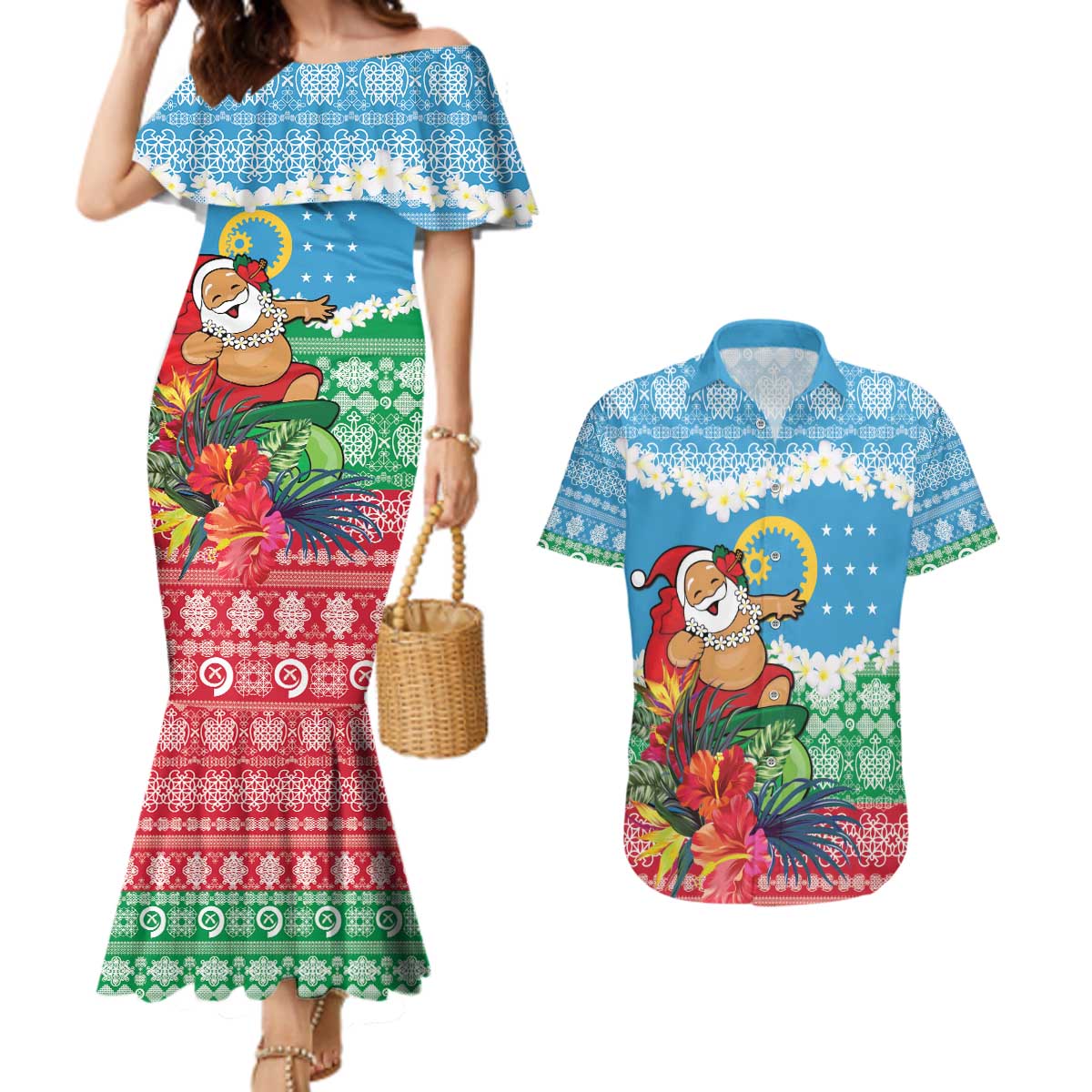 Personalised Sanma Joyeux Noel Couples Matching Mermaid Dress and Hawaiian Shirt Proud To Be a Ni-Van Sand Drawing Art - Polynesian Pride