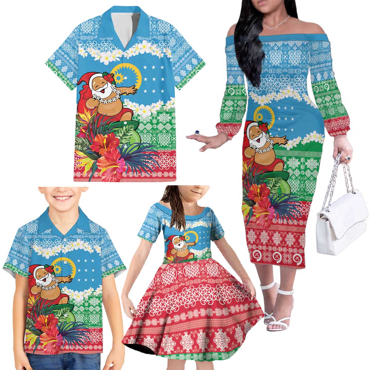 Personalised Sanma Joyeux Noel Family Matching Off The Shoulder Long Sleeve Dress and Hawaiian Shirt Proud To Be a Ni-Van Sand Drawing Art - Polynesian Pride