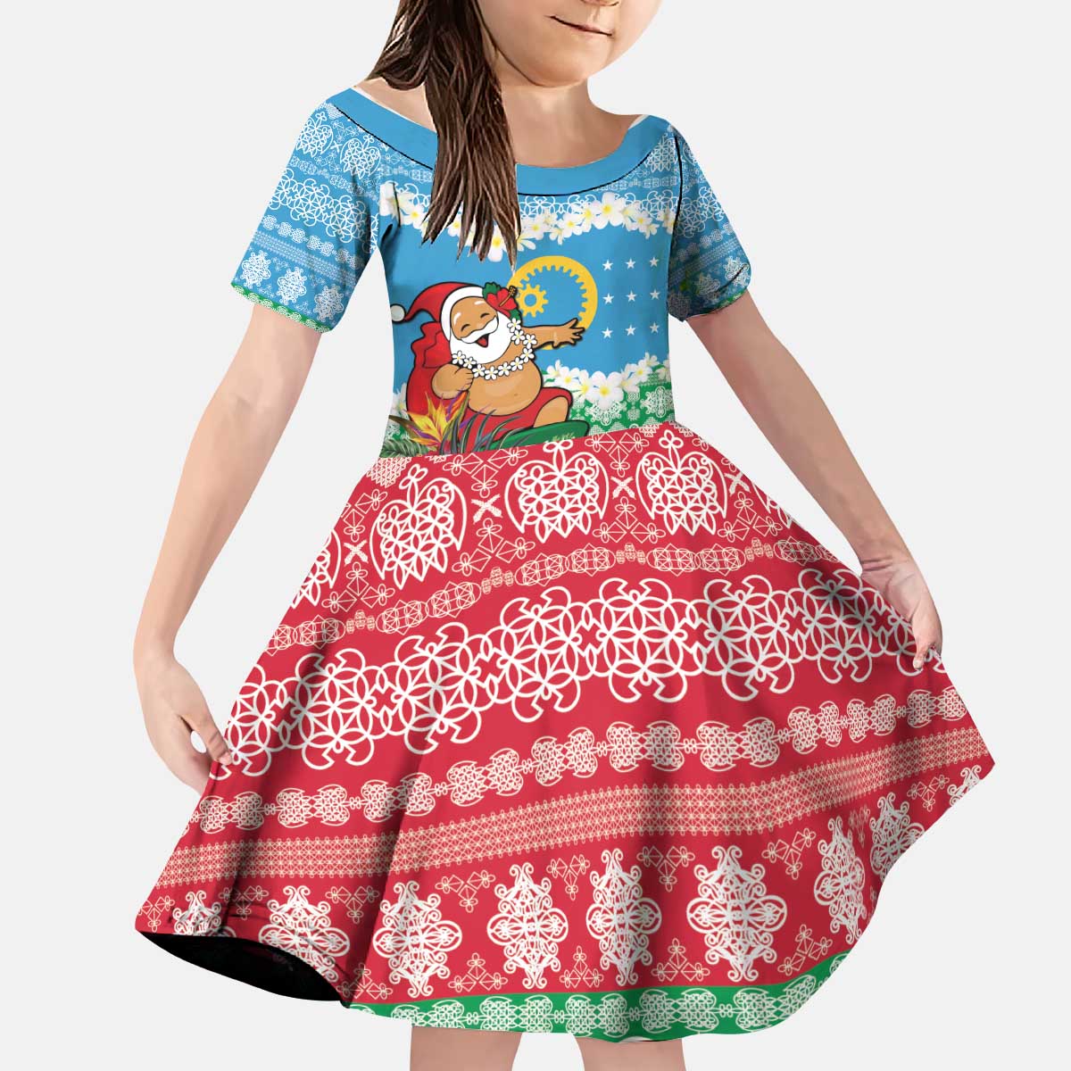 Personalised Sanma Joyeux Noel Kid Short Sleeve Dress Proud To Be a Ni-Van Sand Drawing Art LT9 KID Blue - Polynesian Pride