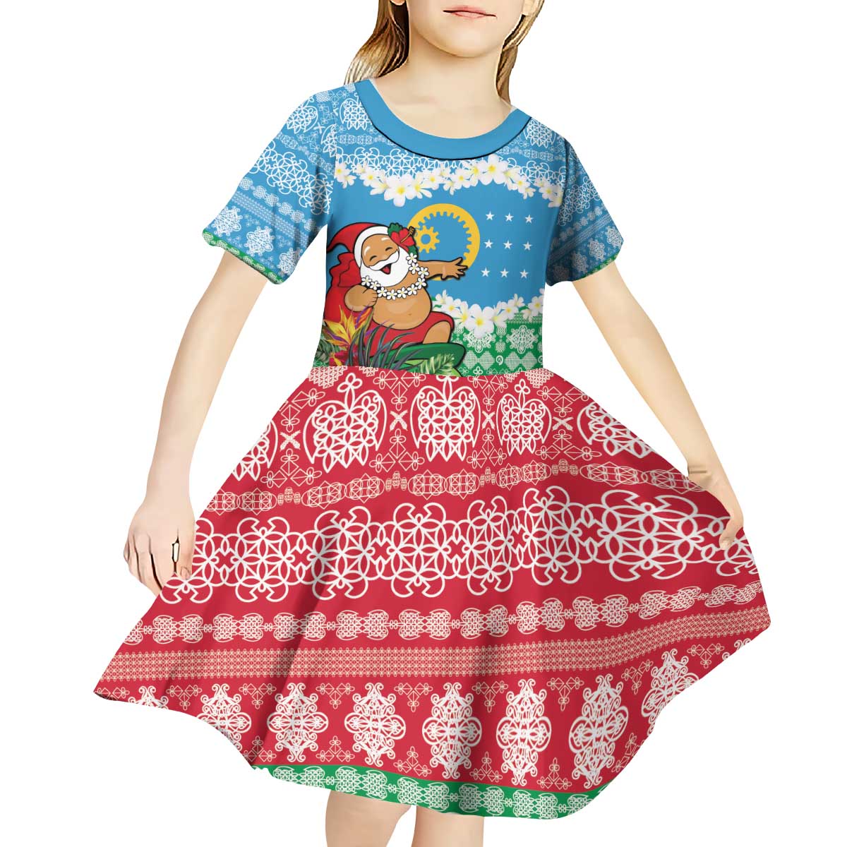 Personalised Sanma Joyeux Noel Kid Short Sleeve Dress Proud To Be a Ni-Van Sand Drawing Art LT9 - Polynesian Pride