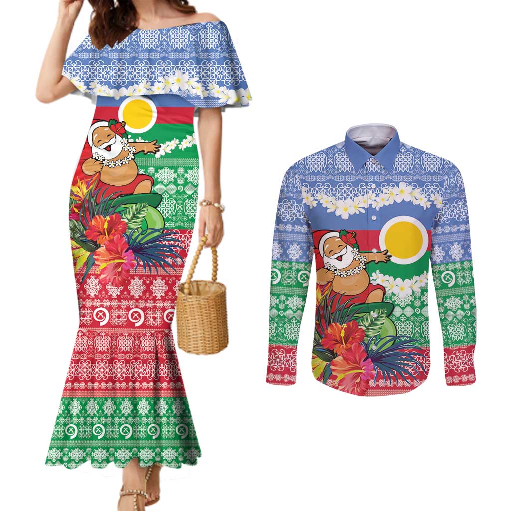 Personalised Shefa Joyeux Noel Couples Matching Mermaid Dress and Long Sleeve Button Shirt Proud To Be a Ni-Van Sand Drawing Art LT9 Blue - Polynesian Pride
