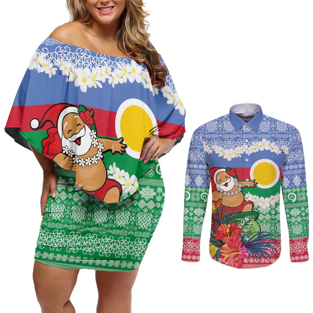Personalised Shefa Joyeux Noel Couples Matching Off Shoulder Short Dress and Long Sleeve Button Shirt Proud To Be a Ni-Van Sand Drawing Art LT9 Blue - Polynesian Pride