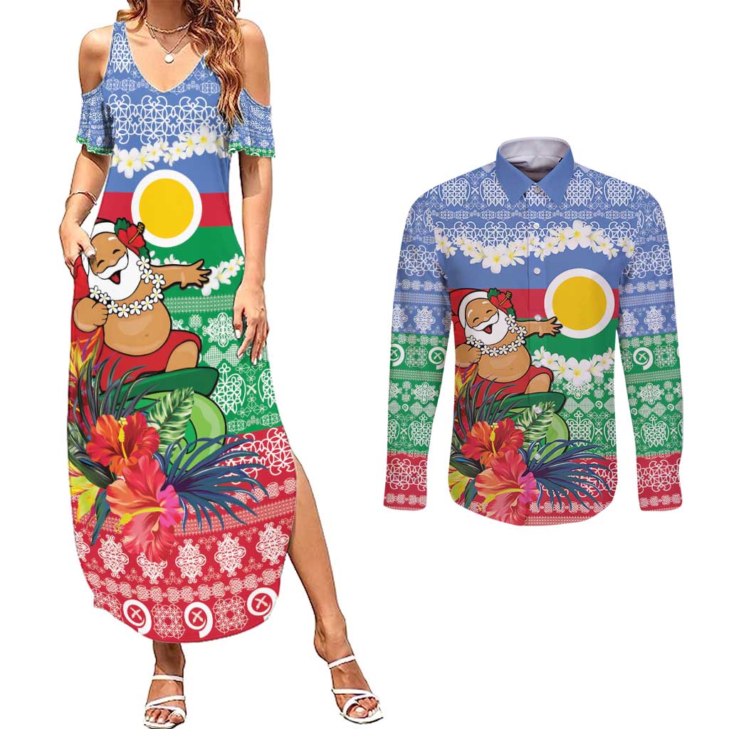 Personalised Shefa Joyeux Noel Couples Matching Summer Maxi Dress and Long Sleeve Button Shirt Proud To Be a Ni-Van Sand Drawing Art LT9 Blue - Polynesian Pride