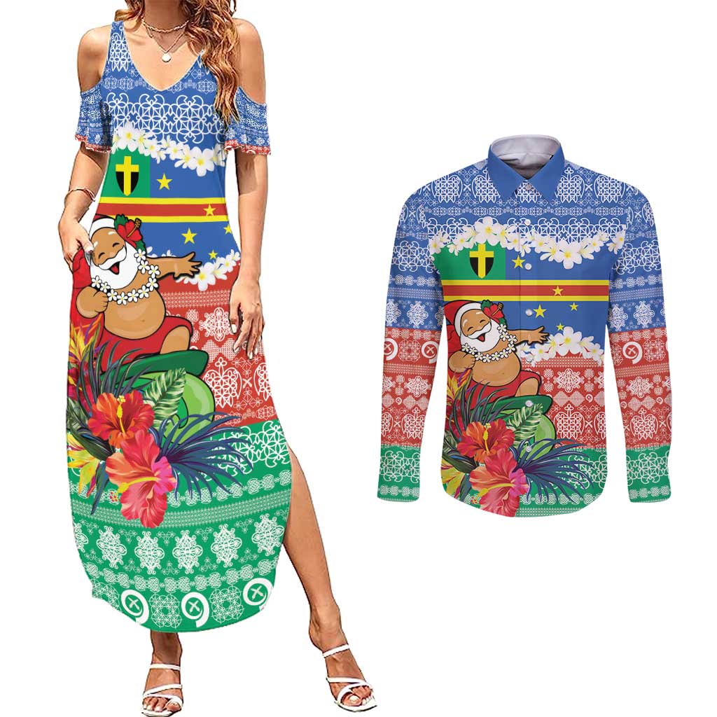 Personalised Tafea Joyeux Noel Couples Matching Summer Maxi Dress and Long Sleeve Button Shirt Proud To Be a Ni-Van Sand Drawing Art LT9 Blue - Polynesian Pride