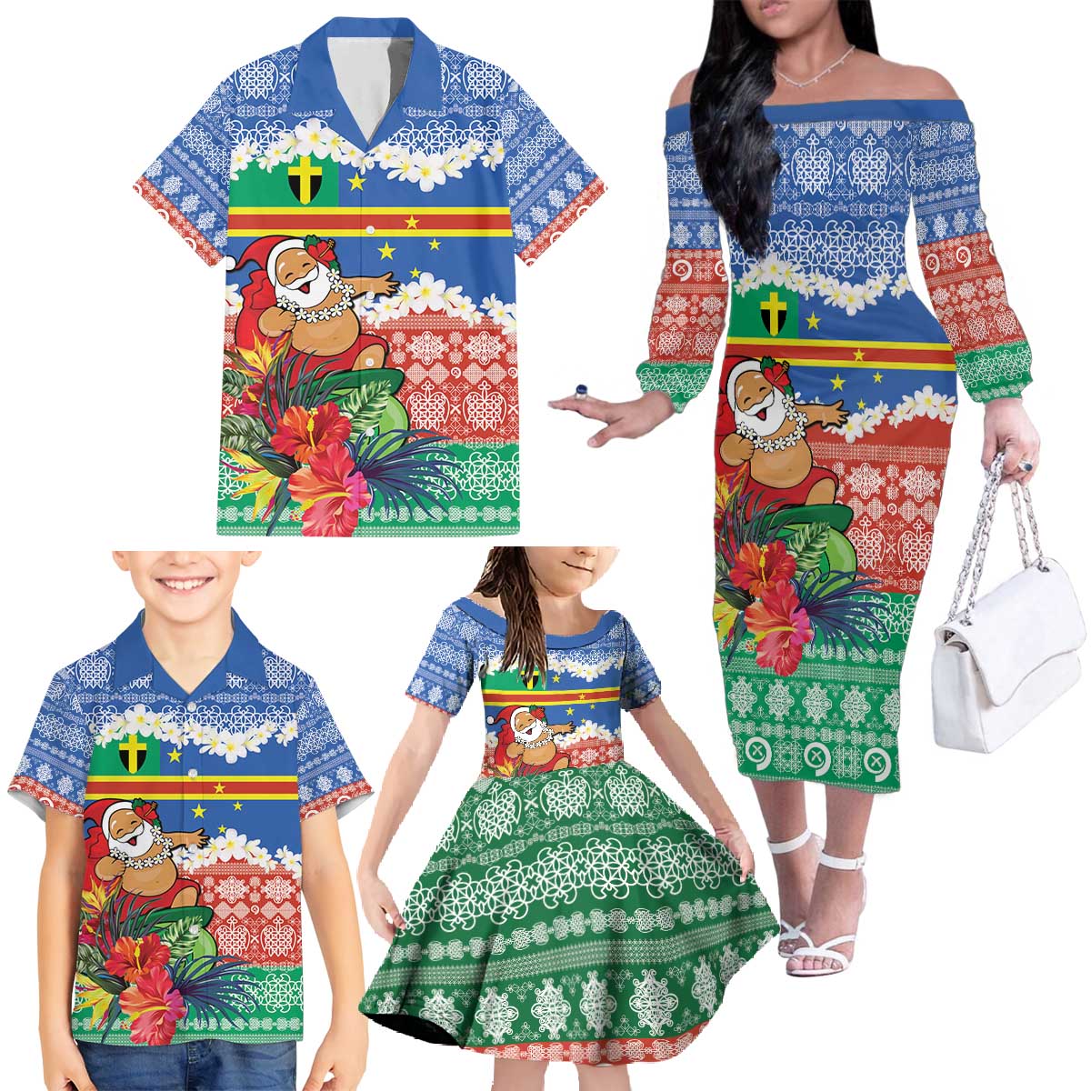 Personalised Tafea Joyeux Noel Family Matching Off The Shoulder Long Sleeve Dress and Hawaiian Shirt Proud To Be a Ni-Van Sand Drawing Art - Polynesian Pride