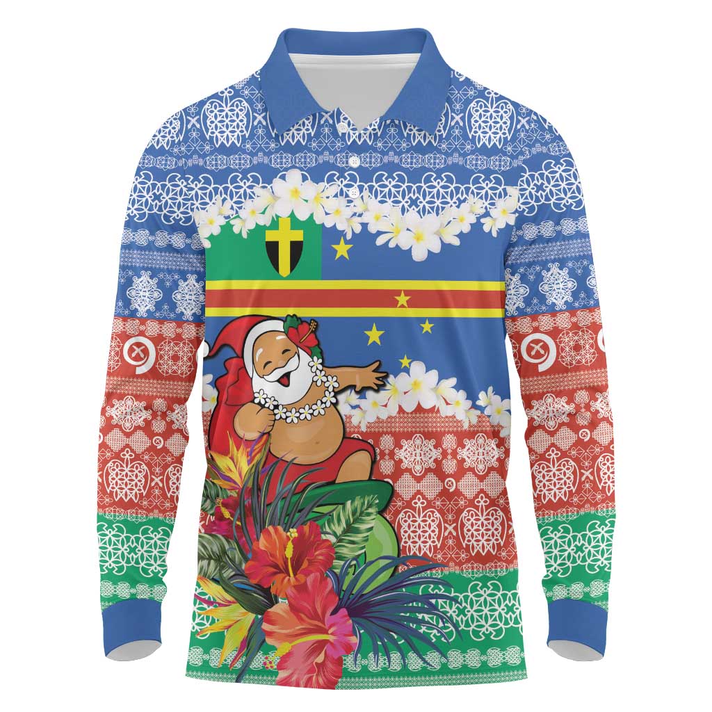 Personalised Tafea Joyeux Noel Long Sleeve Polo Shirt Proud To Be a Ni-Van Sand Drawing Art LT9 Blue - Polynesian Pride