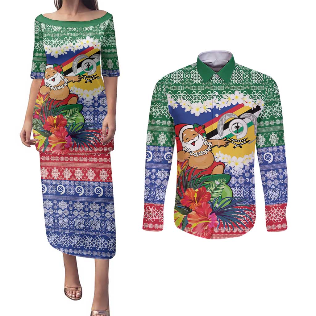 Personalised Torba Joyeux Noel Couples Matching Puletasi and Long Sleeve Button Shirt Proud To Be a Ni-Van Sand Drawing Art - Polynesian Pride