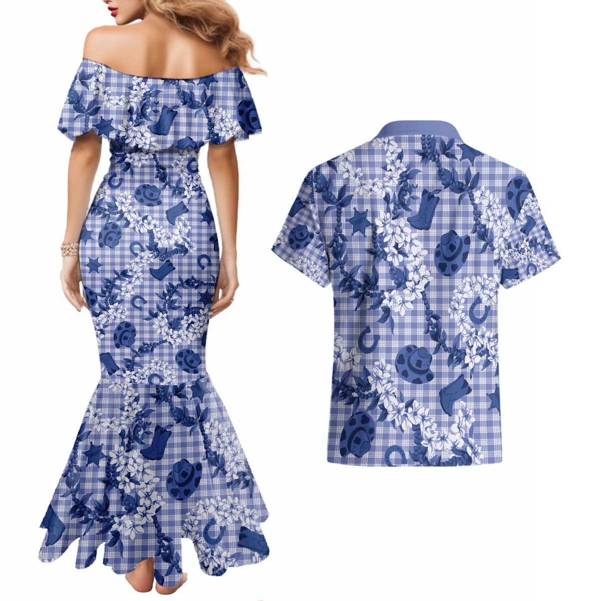 Mokihana Maile Ilima Leis Paniolo Palaka Couples Matching Mermaid Dress and Hawaiian Shirt Hawaiian Polu Spirit - Polynesian Pride