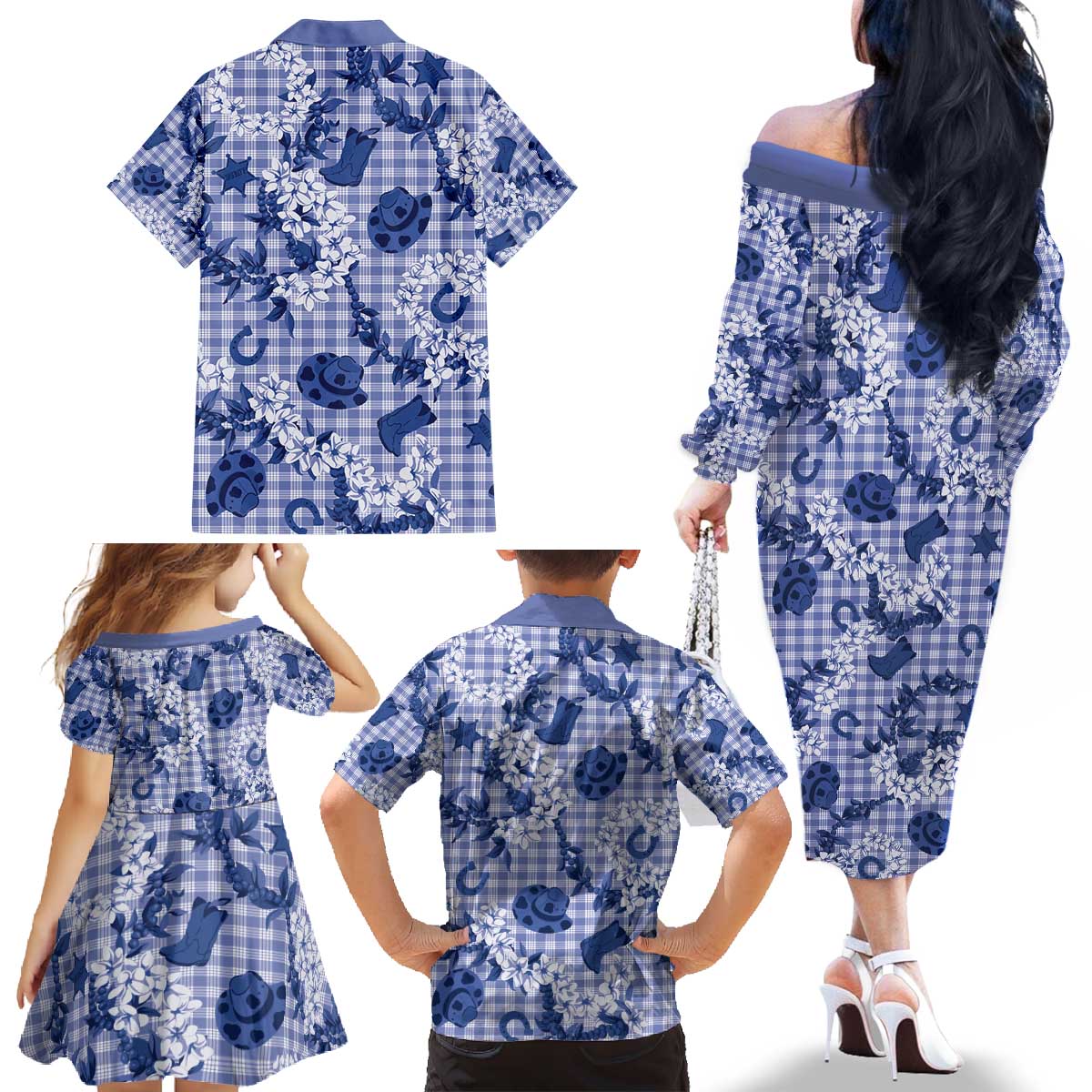 Mokihana Maile Ilima Leis Paniolo Palaka Family Matching Off The Shoulder Long Sleeve Dress and Hawaiian Shirt Hawaiian Polu Spirit - Polynesian Pride