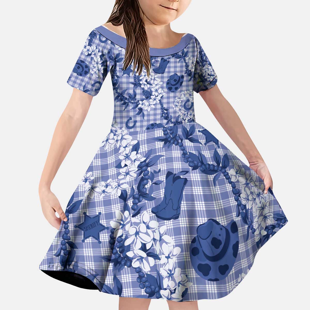 Mokihana Maile Ilima Leis Paniolo Palaka Kid Short Sleeve Dress Hawaiian Polu Spirit - Polynesian Pride