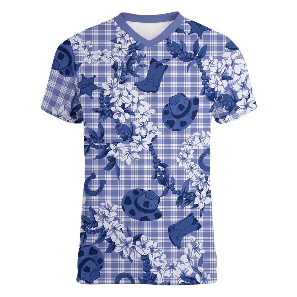 Mokihana Maile Ilima Leis Paniolo Palaka Women V-Neck T-Shirt Hawaiian Polu Spirit - Polynesian Pride