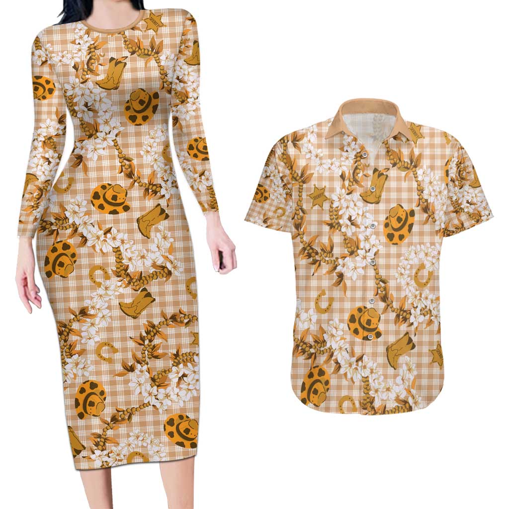 Mokihana Maile Ilima Leis Paniolo Palaka Couples Matching Long Sleeve Bodycon Dress and Hawaiian Shirt Hawaiian Kula Spirit - Polynesian Pride