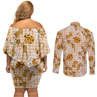 Mokihana Maile Ilima Leis Paniolo Palaka Couples Matching Off Shoulder Short Dress and Long Sleeve Button Shirt Hawaiian Kula Spirit - Polynesian Pride