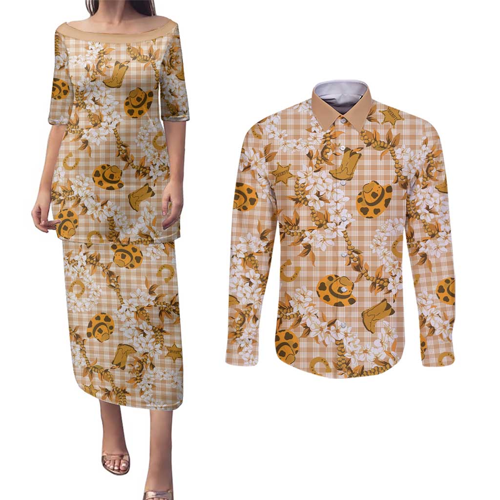 Mokihana Maile Ilima Leis Paniolo Palaka Couples Matching Puletasi and Long Sleeve Button Shirt Hawaiian Kula Spirit - Polynesian Pride