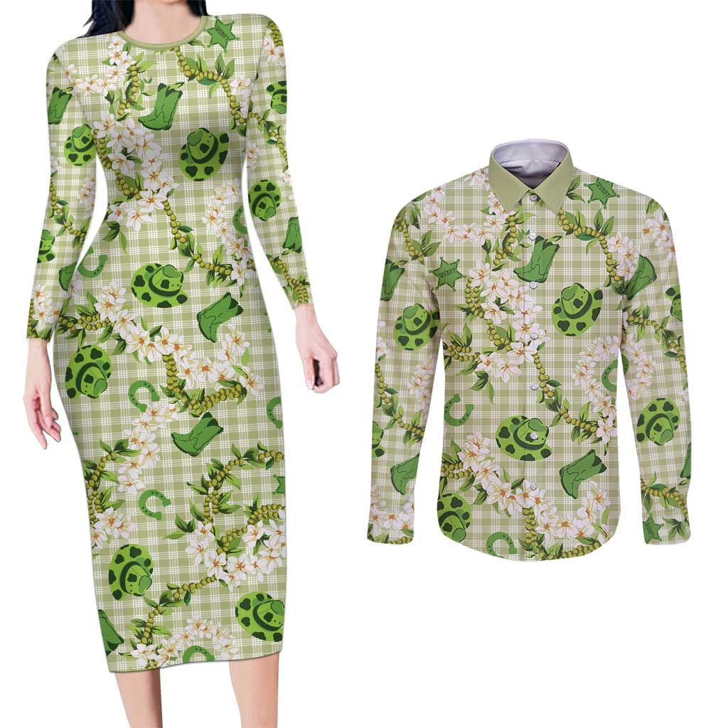 Mokihana Maile Ilima Leis Paniolo Palaka Couples Matching Long Sleeve Bodycon Dress and Long Sleeve Button Shirt Hawaiian Omaomo Ala Spirit - Polynesian Pride