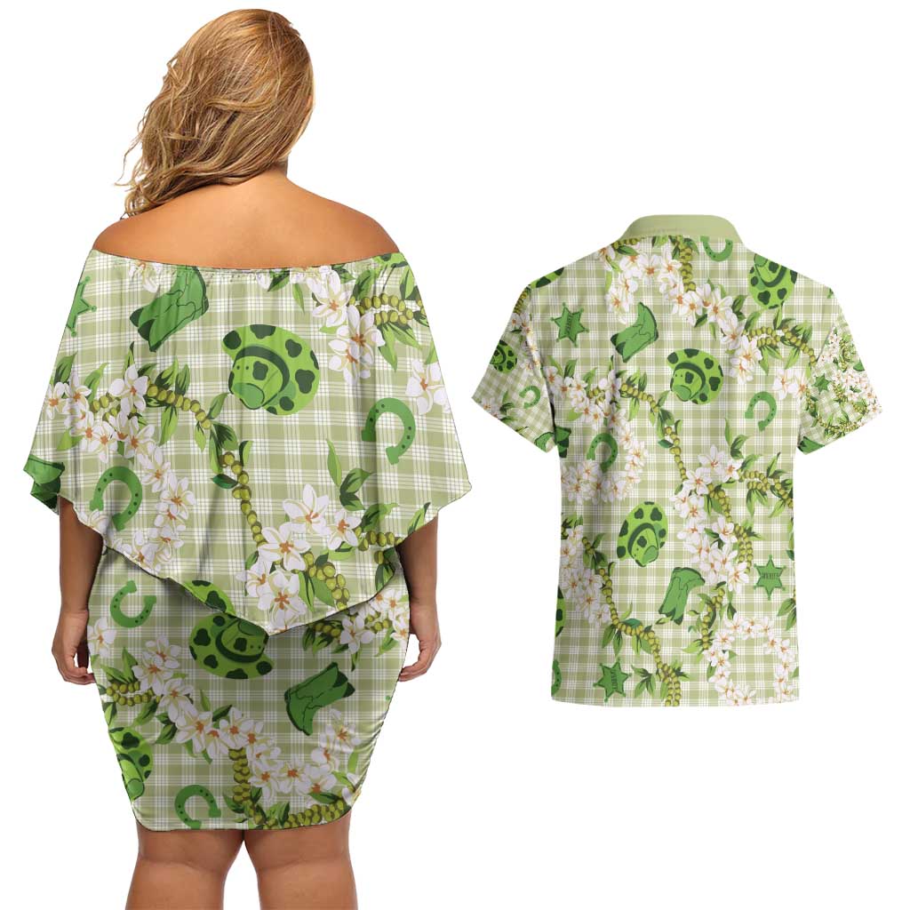 Mokihana Maile Ilima Leis Paniolo Palaka Couples Matching Off Shoulder Short Dress and Hawaiian Shirt Hawaiian Omaomo Ala Spirit - Polynesian Pride