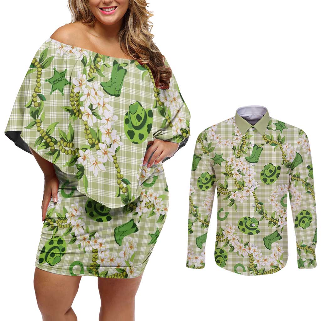 Mokihana Maile Ilima Leis Paniolo Palaka Couples Matching Off Shoulder Short Dress and Long Sleeve Button Shirt Hawaiian Omaomo Ala Spirit - Polynesian Pride