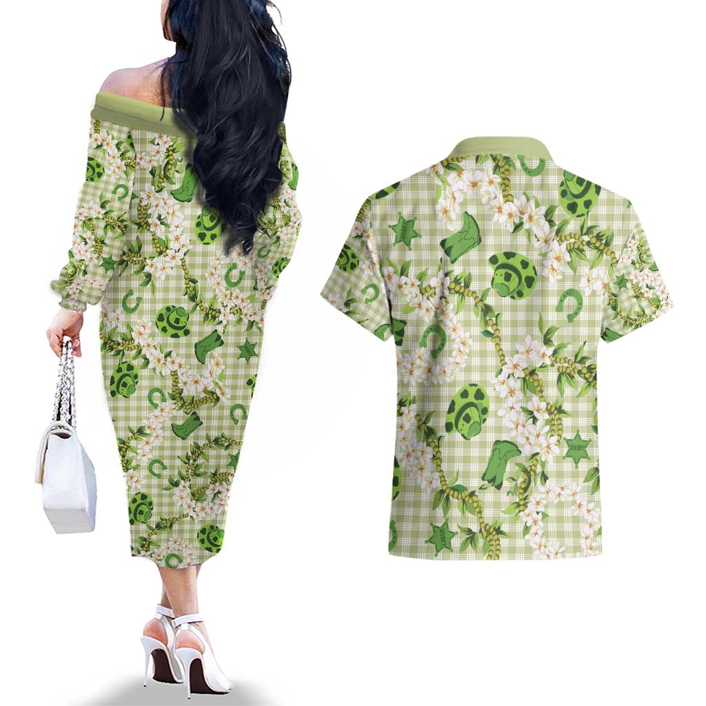 Mokihana Maile Ilima Leis Paniolo Palaka Couples Matching Off The Shoulder Long Sleeve Dress and Hawaiian Shirt Hawaiian Omaomo Ala Spirit - Polynesian Pride