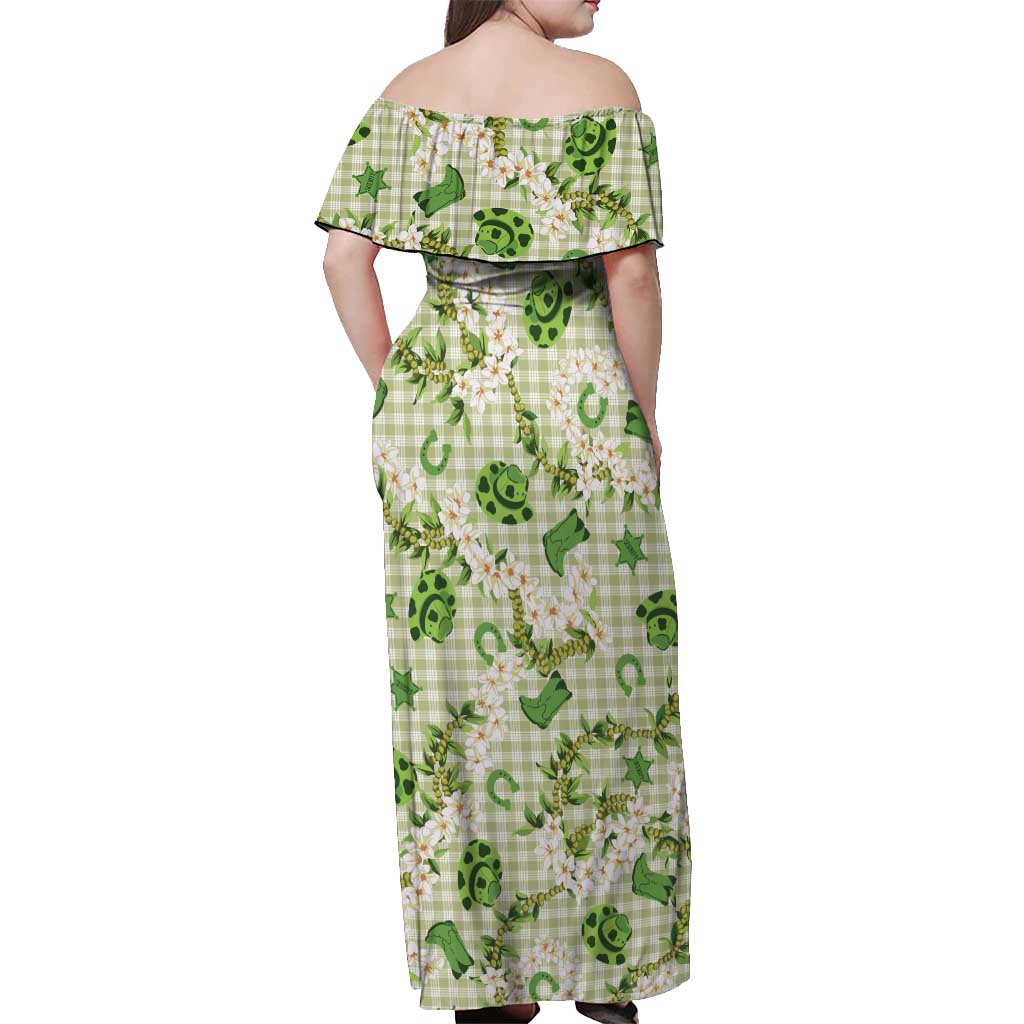 Mokihana Maile Ilima Leis Paniolo Palaka Off Shoulder Maxi Dress Hawaiian Omaomo Ala Spirit - Polynesian Pride