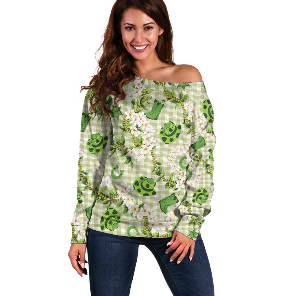 Mokihana Maile Ilima Leis Paniolo Palaka Off Shoulder Sweater Hawaiian Omaomo Ala Spirit - Polynesian Pride