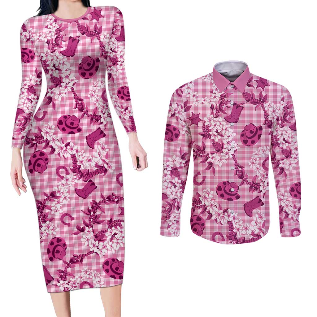 Mokihana Maile Ilima Leis Paniolo Palaka Couples Matching Long Sleeve Bodycon Dress and Long Sleeve Button Shirt Hawaiian Omaomo Ulaula Spirit - Polynesian Pride