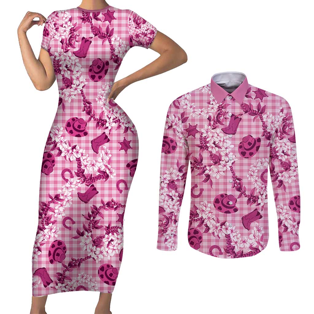 Mokihana Maile Ilima Leis Paniolo Palaka Couples Matching Short Sleeve Bodycon Dress and Long Sleeve Button Shirt Hawaiian Omaomo Ulaula Spirit - Polynesian Pride