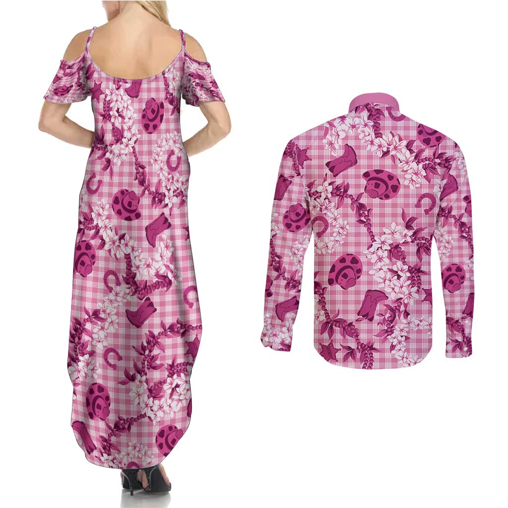 Mokihana Maile Ilima Leis Paniolo Palaka Couples Matching Summer Maxi Dress and Long Sleeve Button Shirt Hawaiian Omaomo Ulaula Spirit - Polynesian Pride